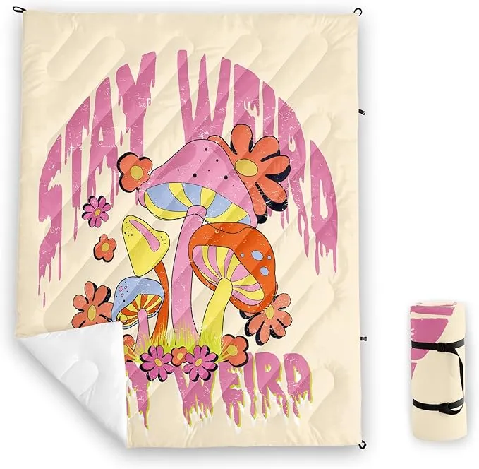 Axolotl Mushroom Printed Camping Blanket,Orange Pink Flowers Lightweight Packable Outdoor Blanket,Wild Fungus Puffy Camping Blanket,Colorful Mushrooms Backpacking for Camping,Sleeping,Hiking,Picnic
