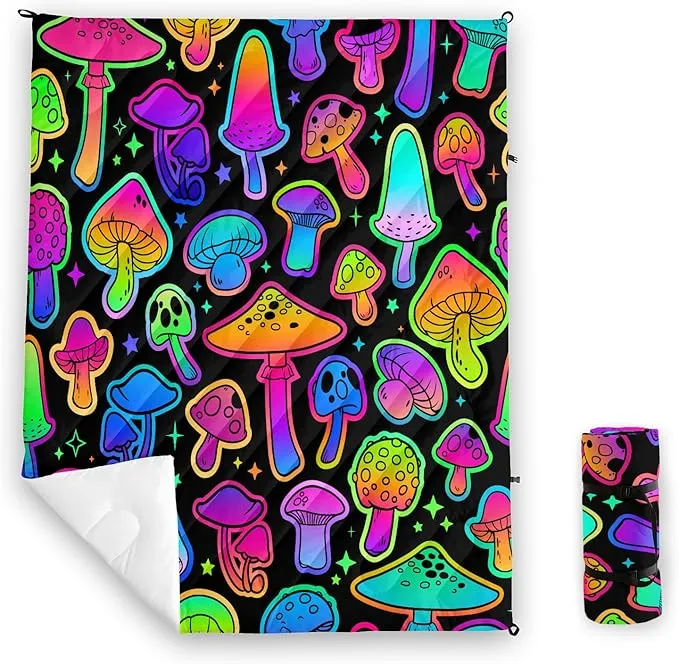 Axolotl Neon Mushroom Printed Camping Blanket,Glitter Star Lightweight Packable Outdoor Blanket,Wild Fungus Waterproof Camping Blanket,Magical Mushrooms Backpacking for Camping,Sleeping,Hiking,Picnic