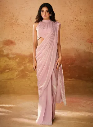 Baby Pink Handwork Organza Saree