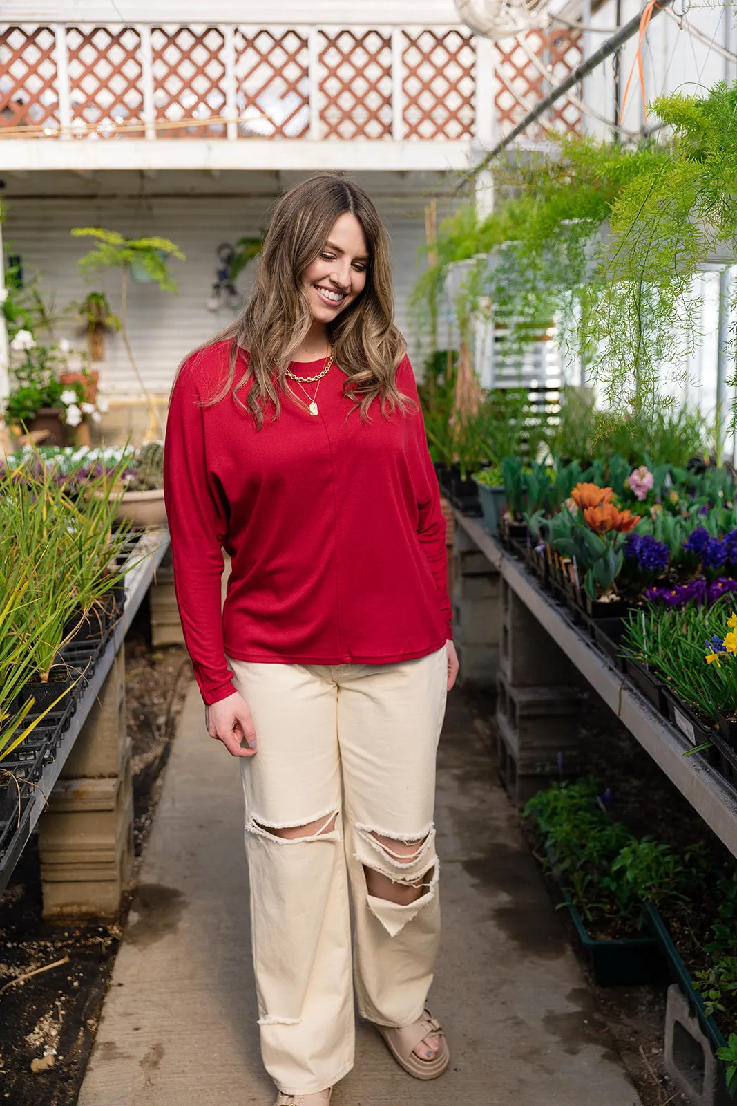 Bailey Dolman Long Sleeve Top-Red