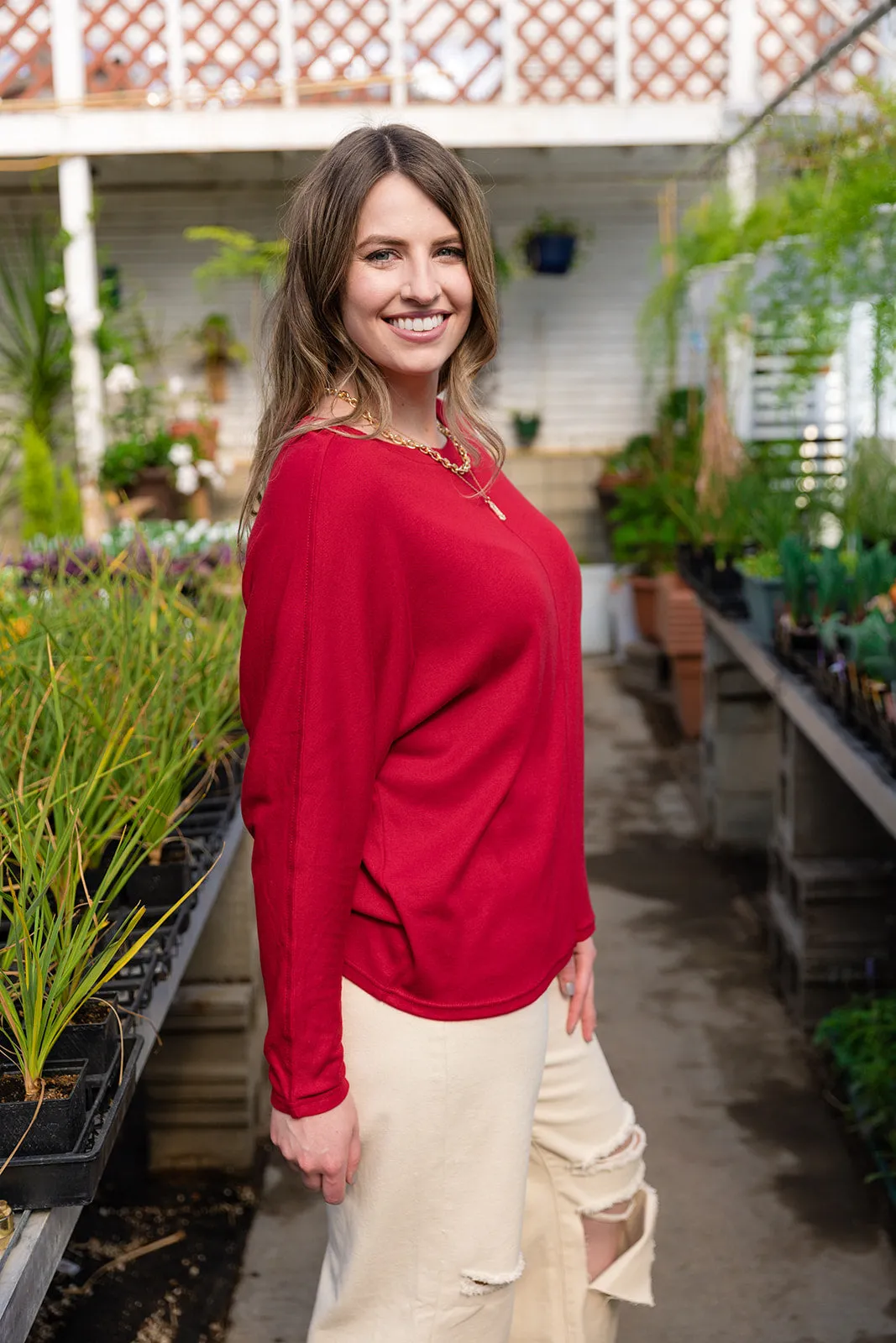Bailey Dolman Long Sleeve Top-Red