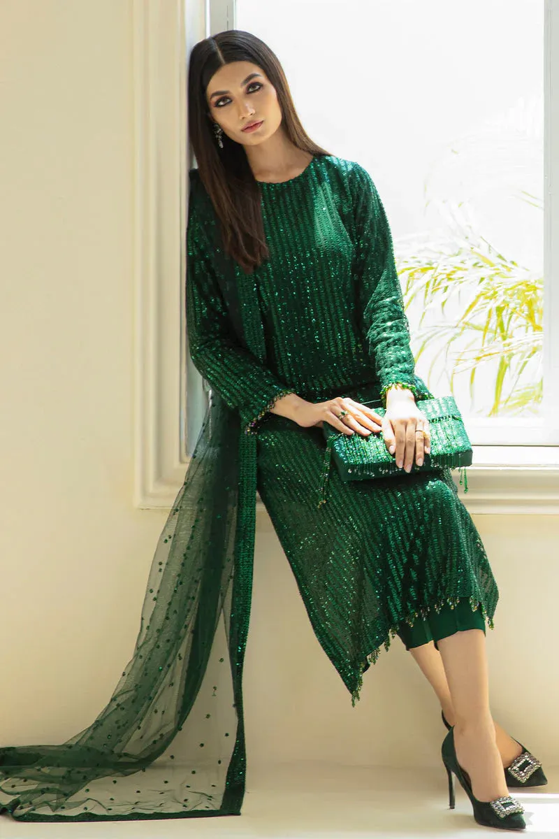 Baroque Exclusive Formal Embroidered Sequence Chiffon Unstitched 3Pc UF-386 Green