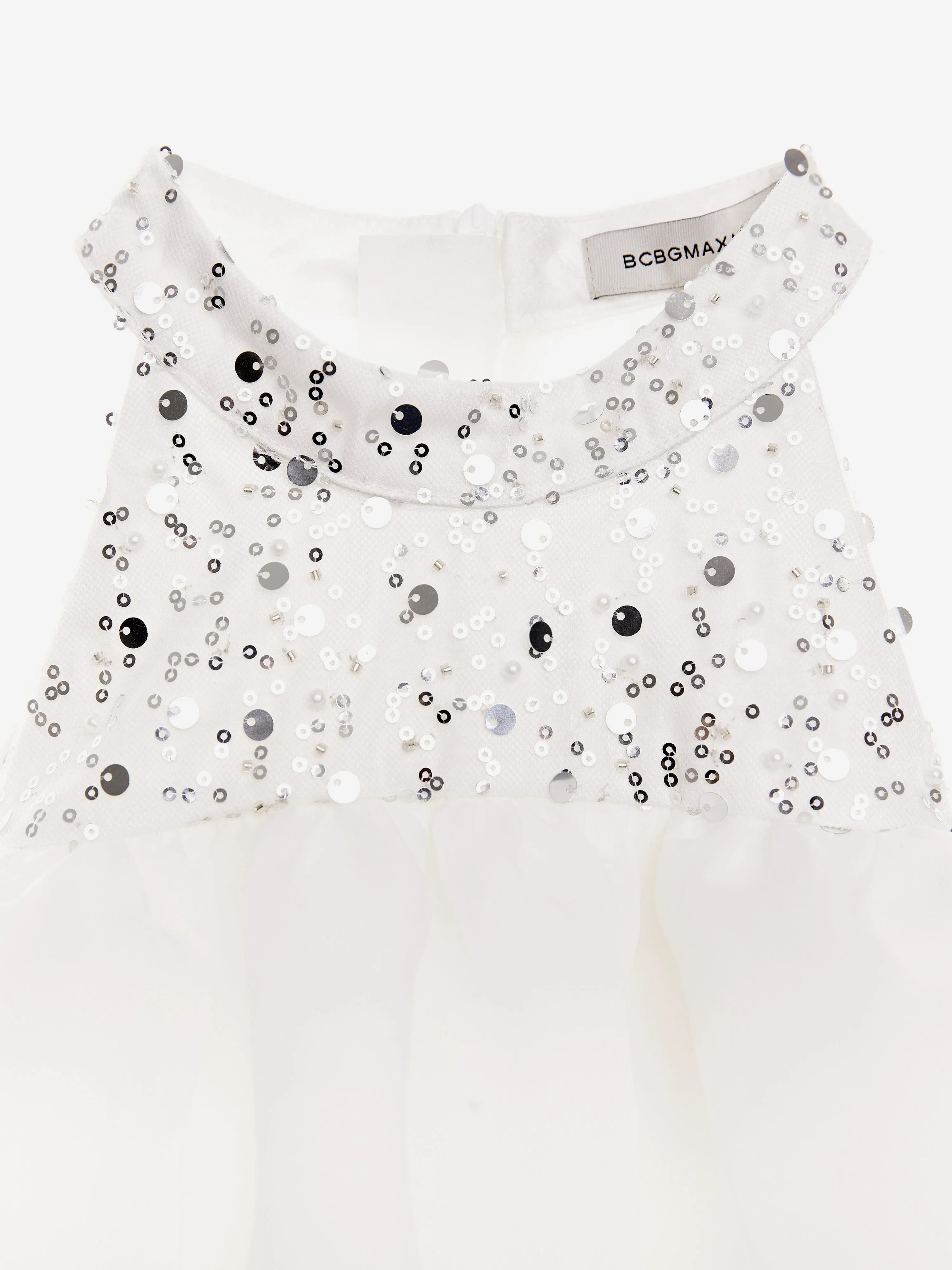 BCBG Girls Beaded Neck Satin Dress With Ruffles in White