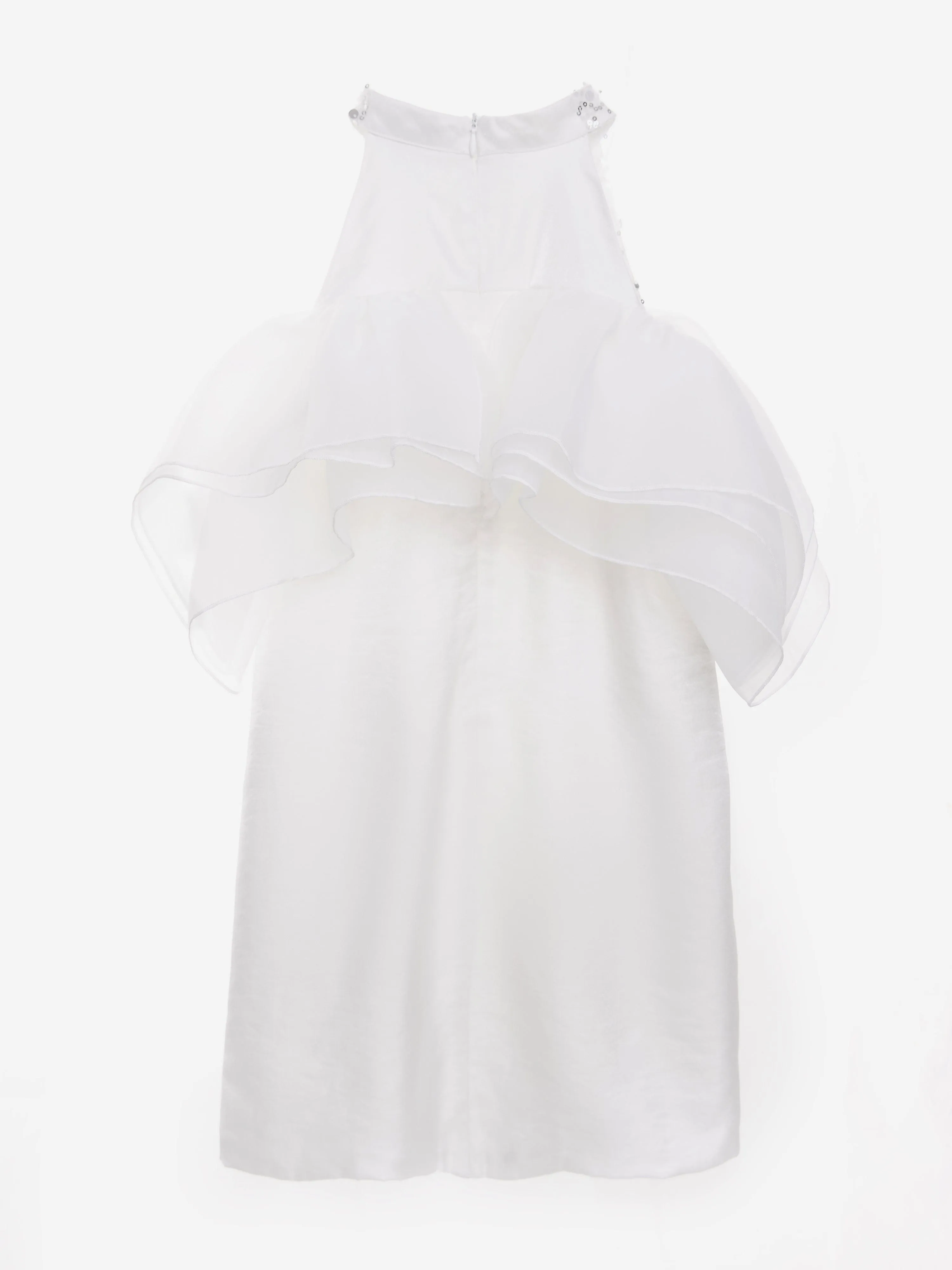 BCBG Girls Beaded Neck Satin Dress With Ruffles in White