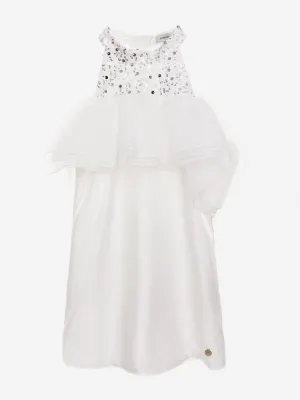 BCBG Girls Beaded Neck Satin Dress With Ruffles in White