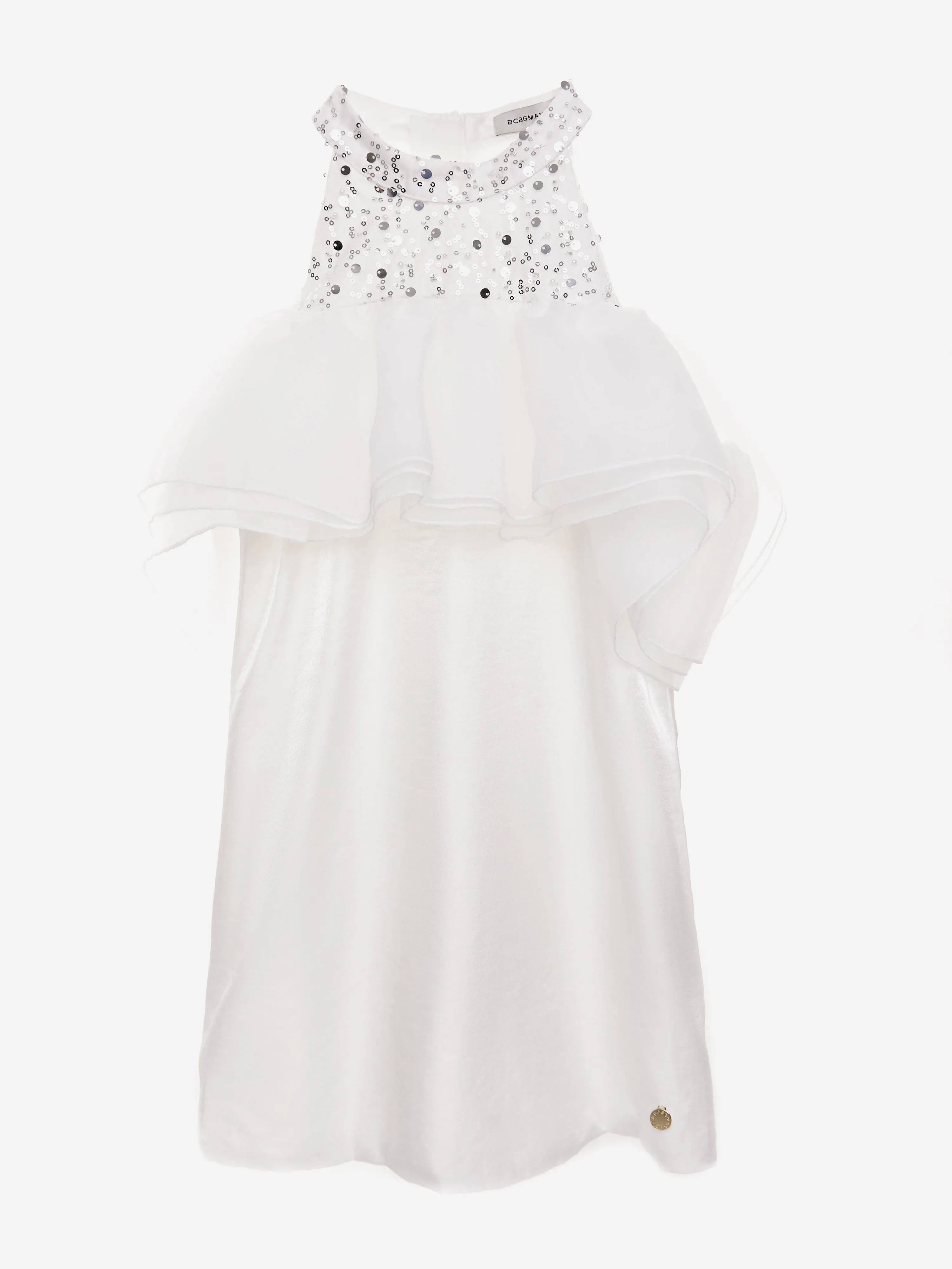 BCBG Girls Beaded Neck Satin Dress With Ruffles in White