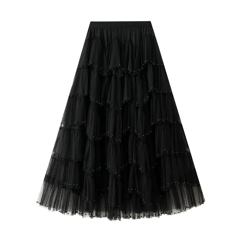 Beaded Mesh Skirt for Women High Waist Tutu Skirt