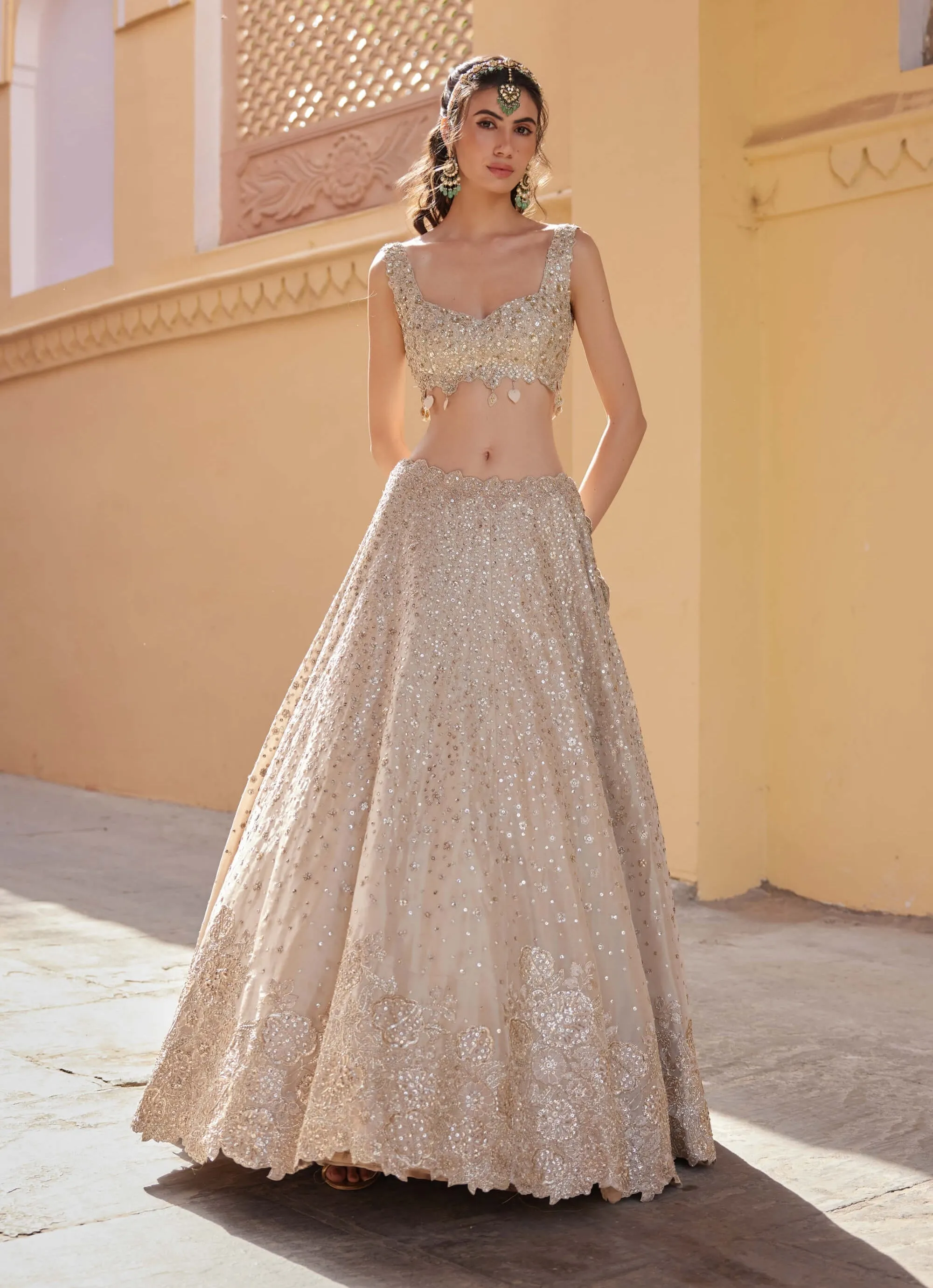 Beige champagne embroidered lehenga set