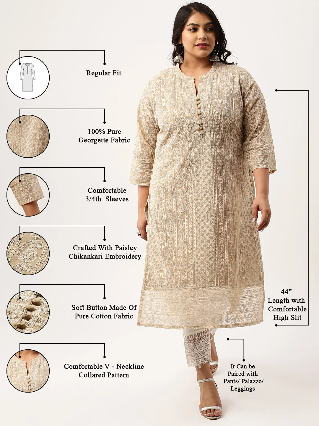 Beige Plus Size Chikankari Kurta For Women - Paisley Embroidered Georgette Lucknowi Kurta