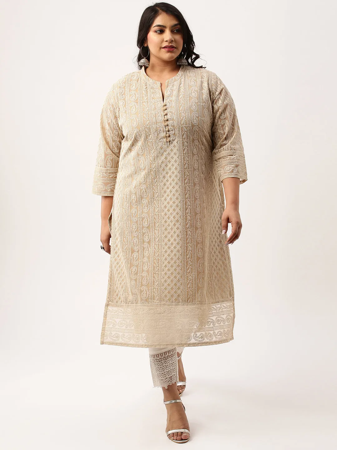 Beige Plus Size Chikankari Kurta For Women - Paisley Embroidered Georgette Lucknowi Kurta
