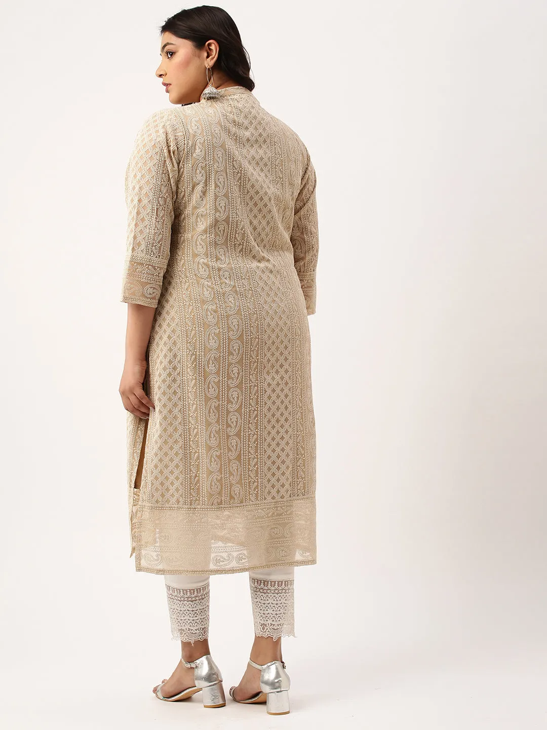 Beige Plus Size Chikankari Kurta For Women - Paisley Embroidered Georgette Lucknowi Kurta