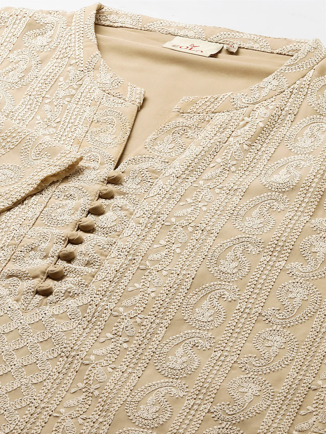 Beige Plus Size Chikankari Kurta For Women - Paisley Embroidered Georgette Lucknowi Kurta