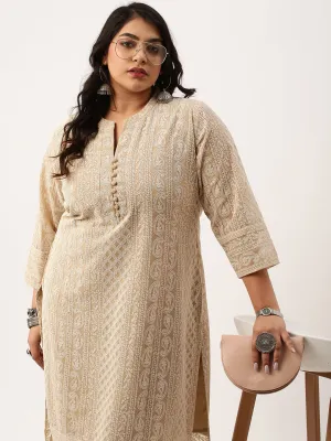 Beige Plus Size Chikankari Kurta For Women - Paisley Embroidered Georgette Lucknowi Kurta