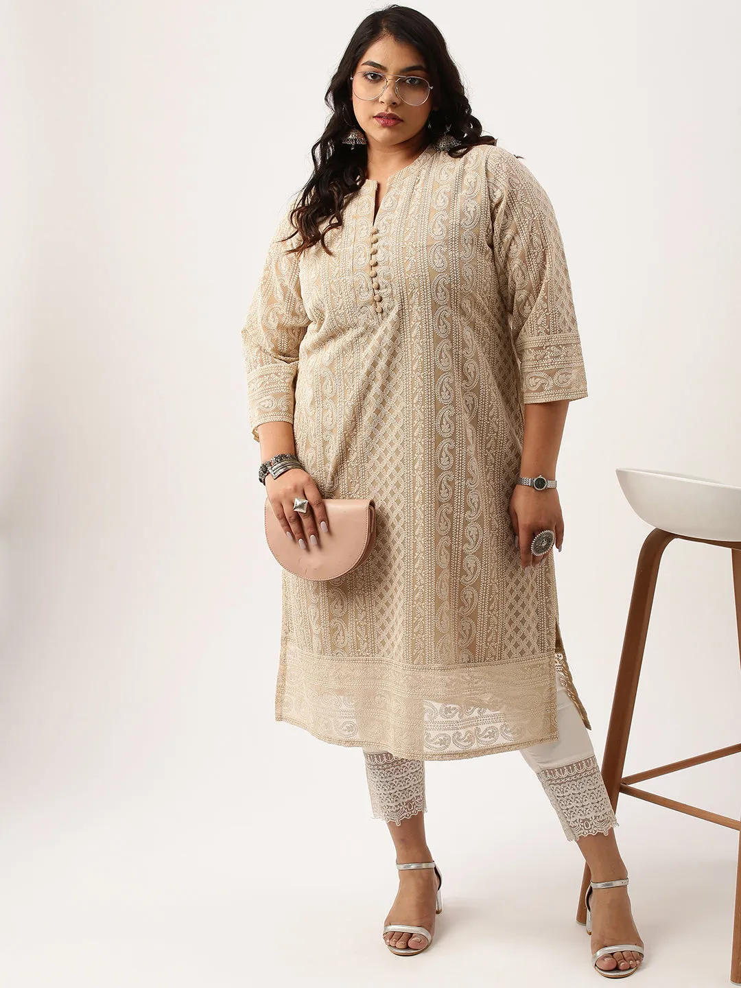 Beige Plus Size Chikankari Kurta For Women - Paisley Embroidered Georgette Lucknowi Kurta
