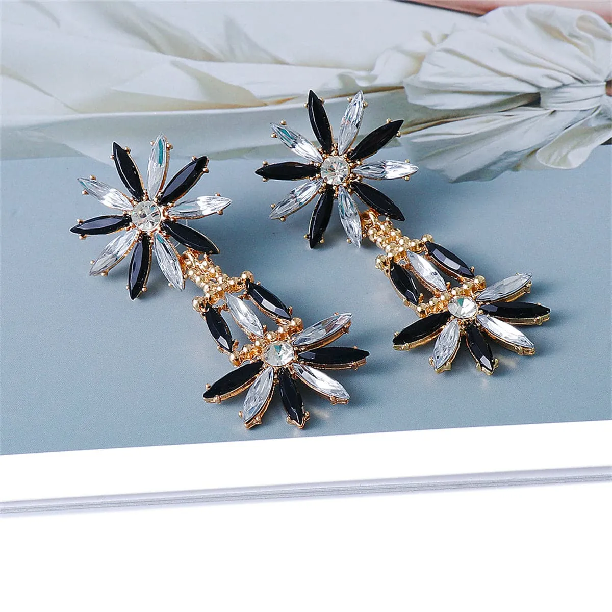 Black Crystal & Cubic Zirconia Stacked Floral Drop Earrings