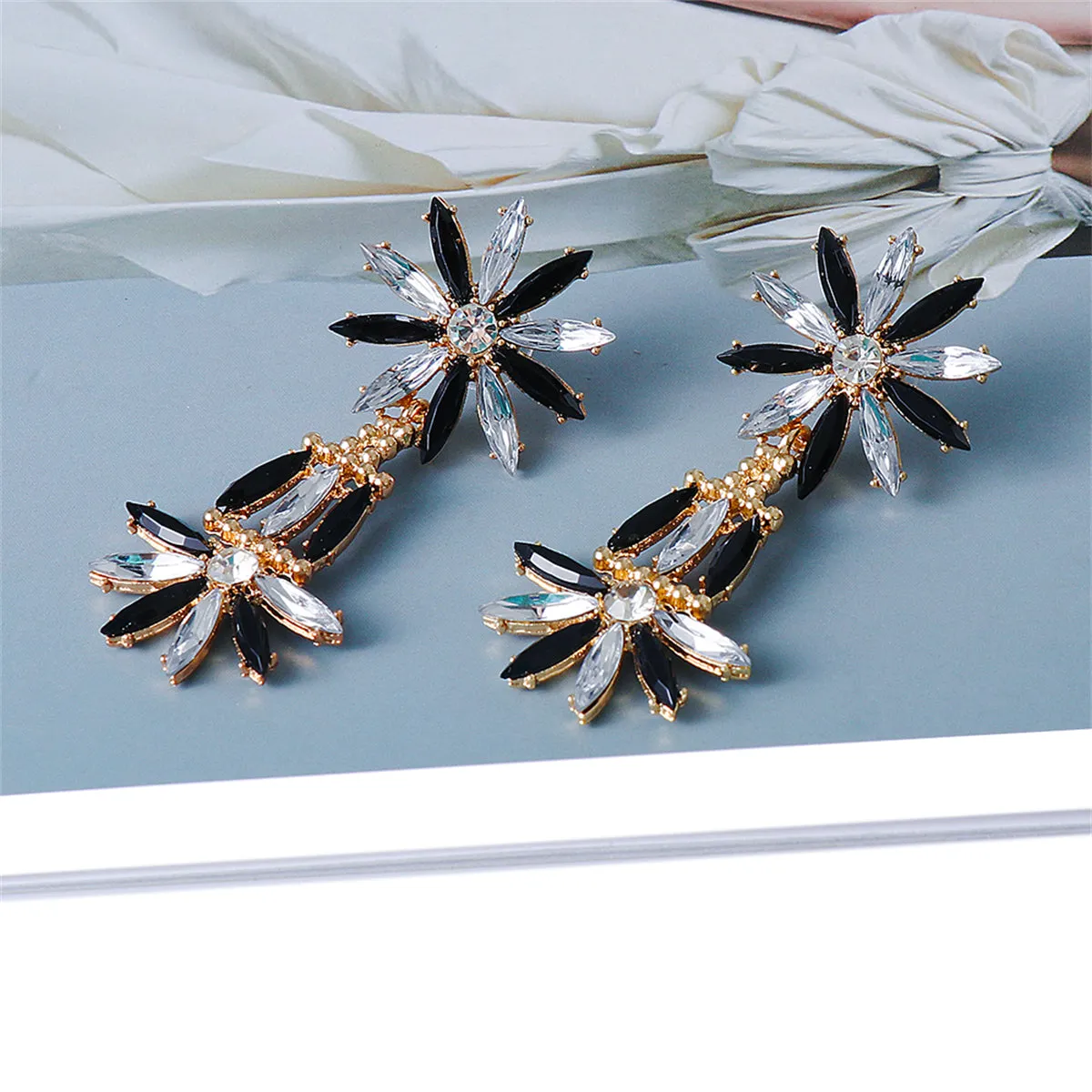 Black Crystal & Cubic Zirconia Stacked Floral Drop Earrings