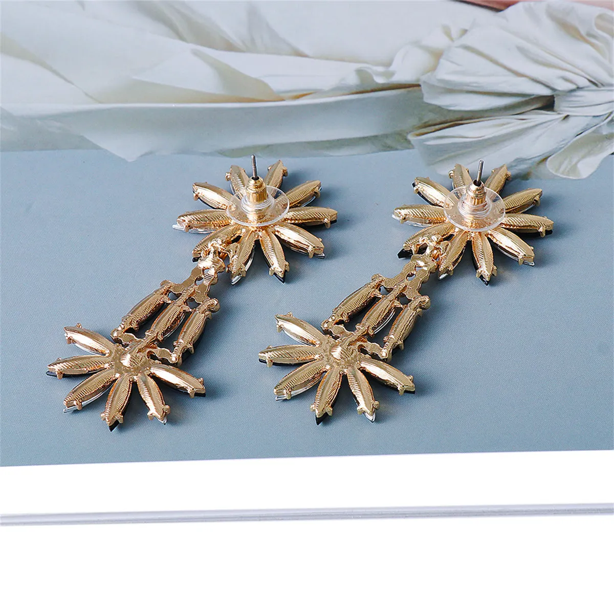 Black Crystal & Cubic Zirconia Stacked Floral Drop Earrings