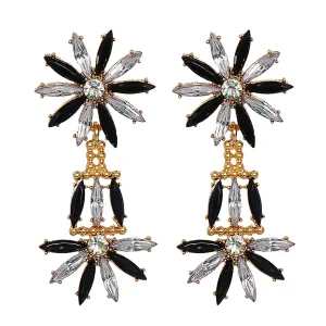 Black Crystal & Cubic Zirconia Stacked Floral Drop Earrings