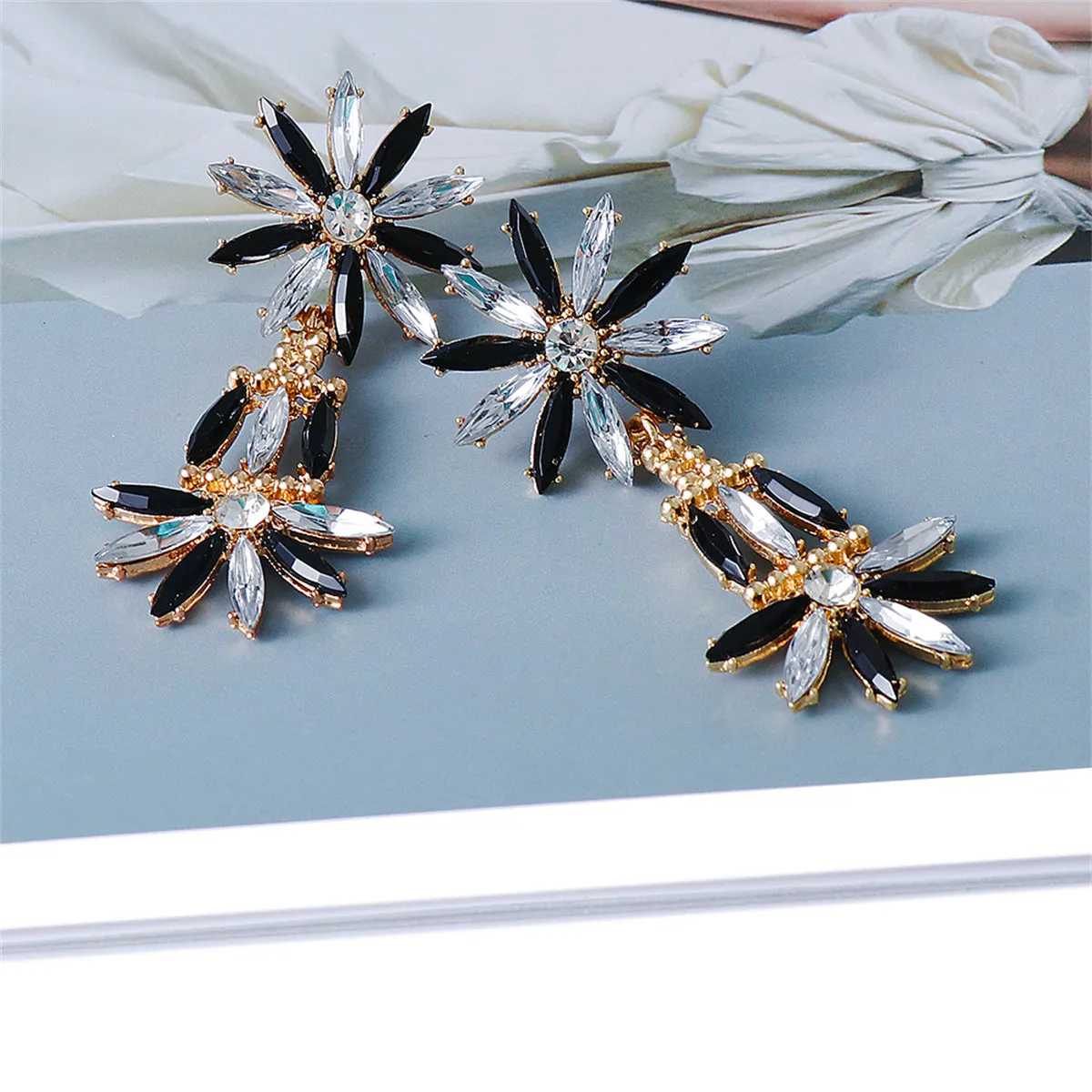 Black Crystal & Cubic Zirconia Stacked Floral Drop Earrings