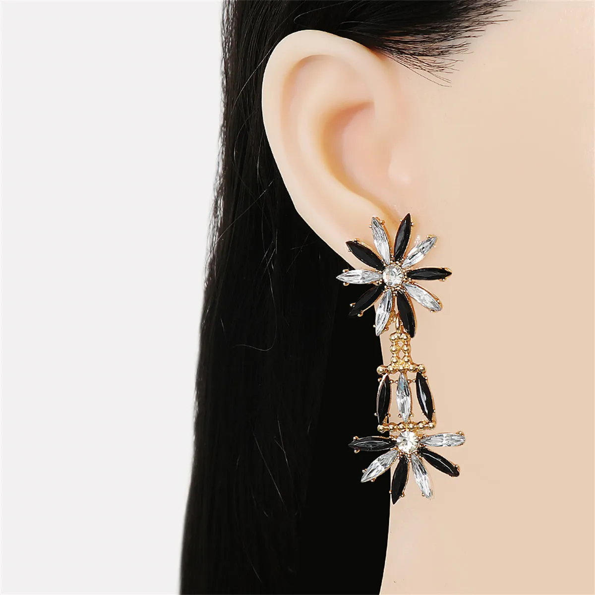 Black Crystal & Cubic Zirconia Stacked Floral Drop Earrings