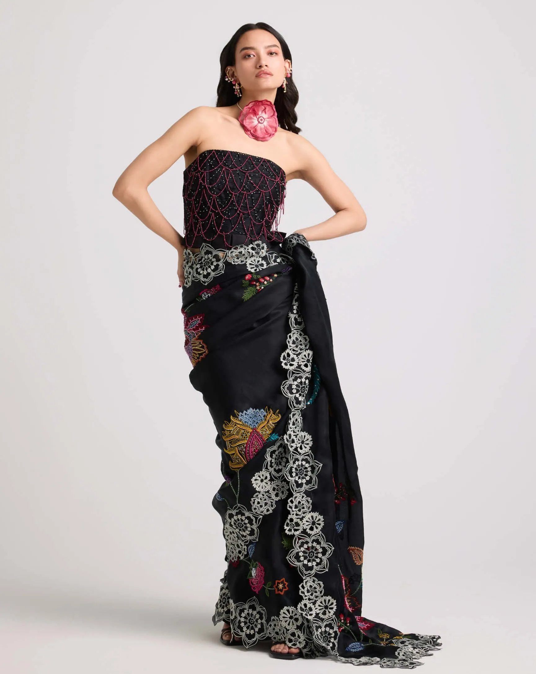 Black embroidered cutwork sari