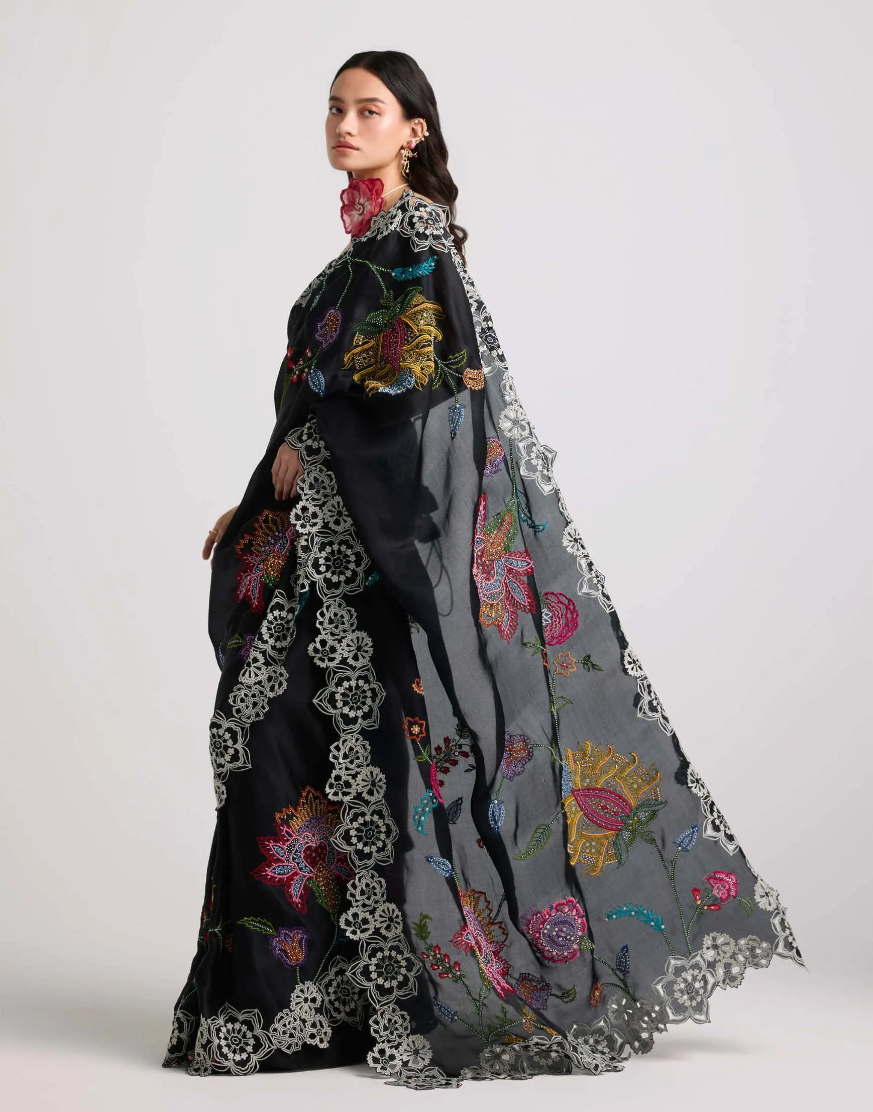 Black embroidered cutwork sari