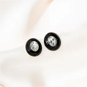 Black Enamel & Crystal Oval Stud Earrings