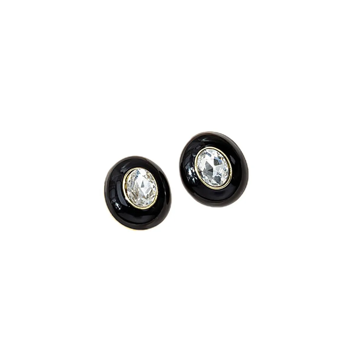 Black Enamel & Crystal Oval Stud Earrings