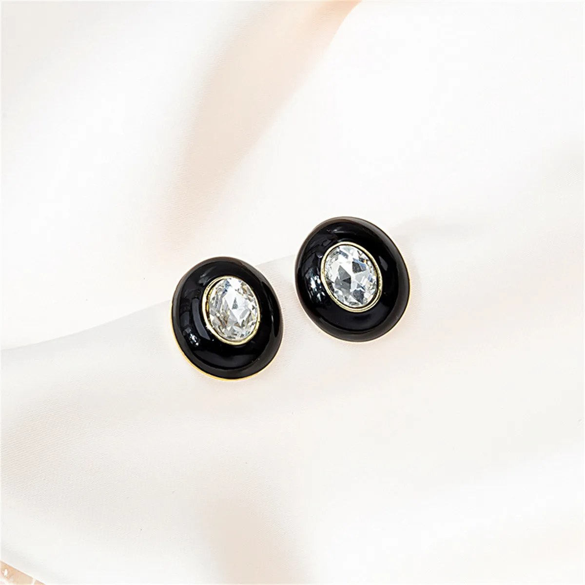 Black Enamel & Crystal Oval Stud Earrings