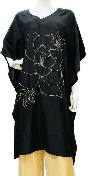 Black Hand Embroidered Kaftan, Pure Muslin Partywear Floral Design Kaftan