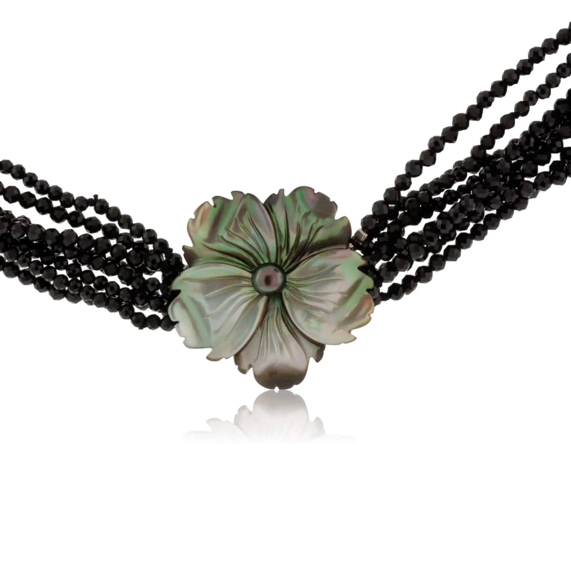 Black Spinel & Mother of Pearl Carved Flower Beaded Necklace
