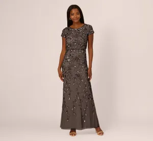 Blouson Short Sleeve Beaded Long Dress In Lead