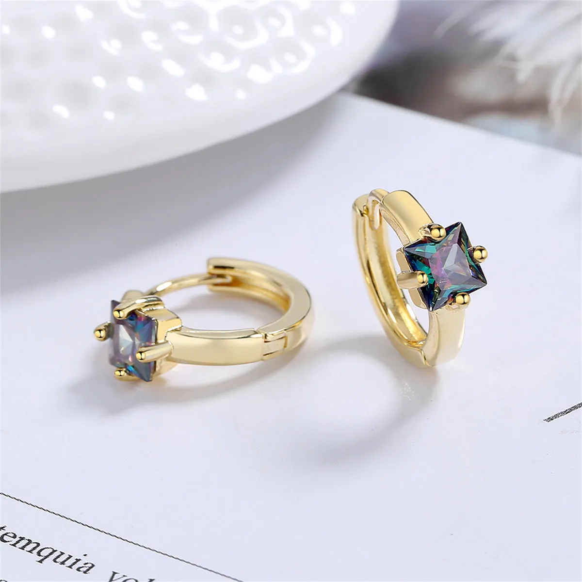 Blue Crystal & 18K Gold-Plated Square Huggie Earrings