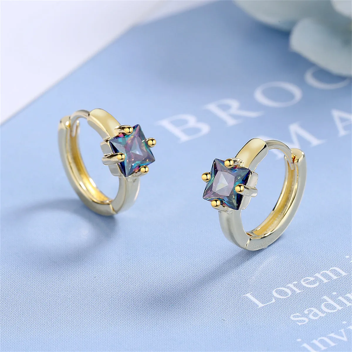 Blue Crystal & 18K Gold-Plated Square Huggie Earrings
