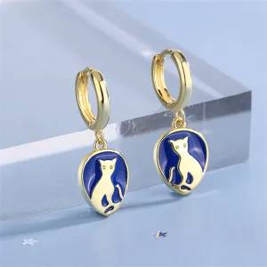 Blue Enamel & 18K Gold-Plated Cat Drop Earrings