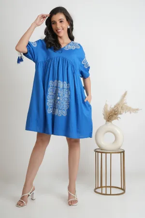 Blue Oversized Embroidered Short Dress