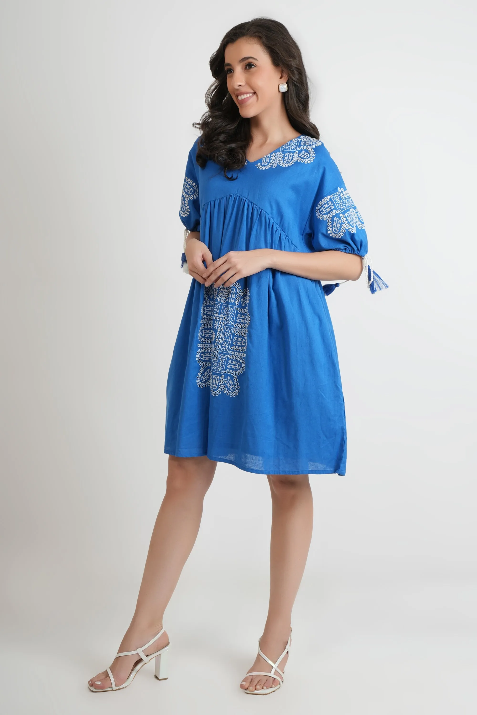 Blue Oversized Embroidered Short Dress