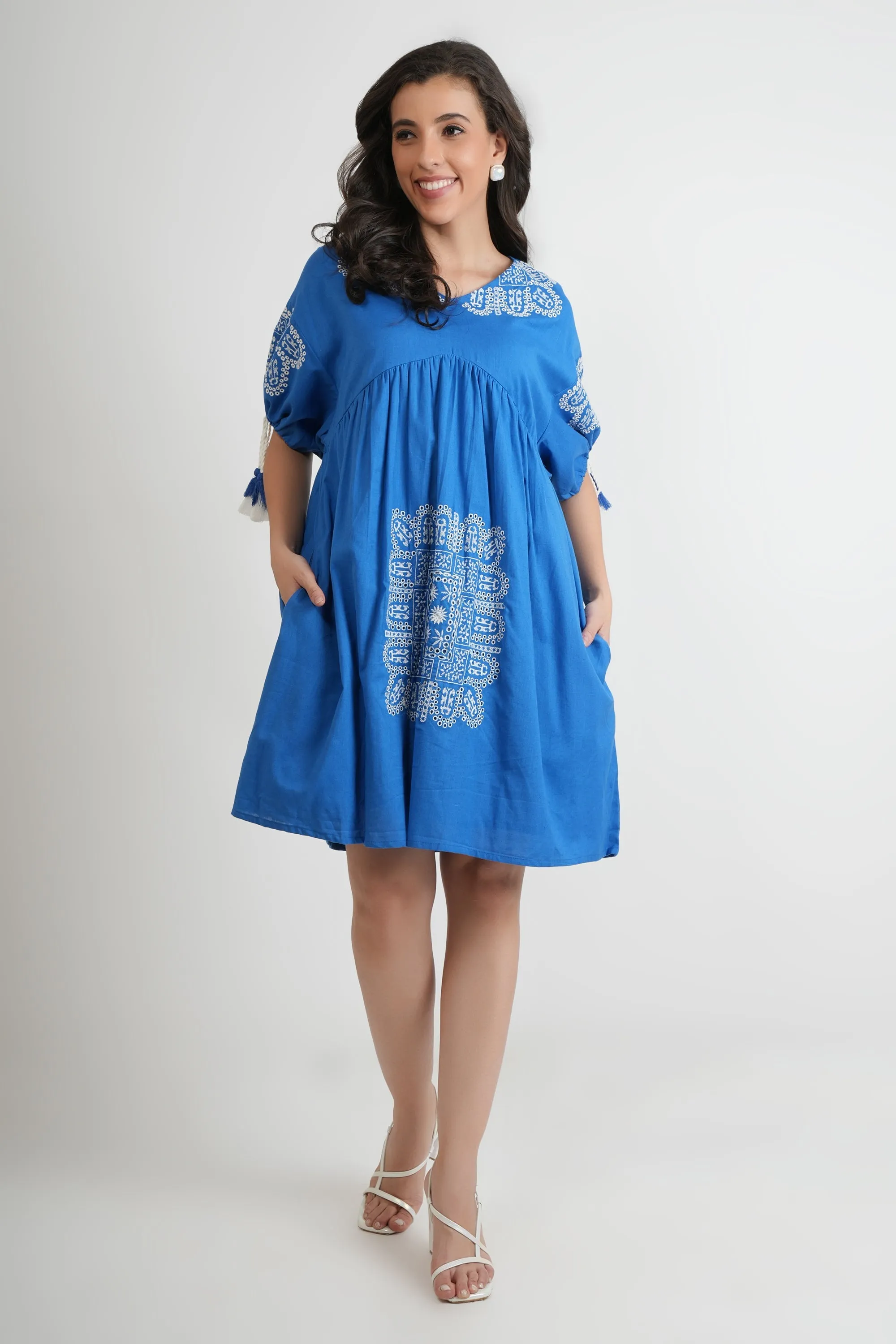 Blue Oversized Embroidered Short Dress