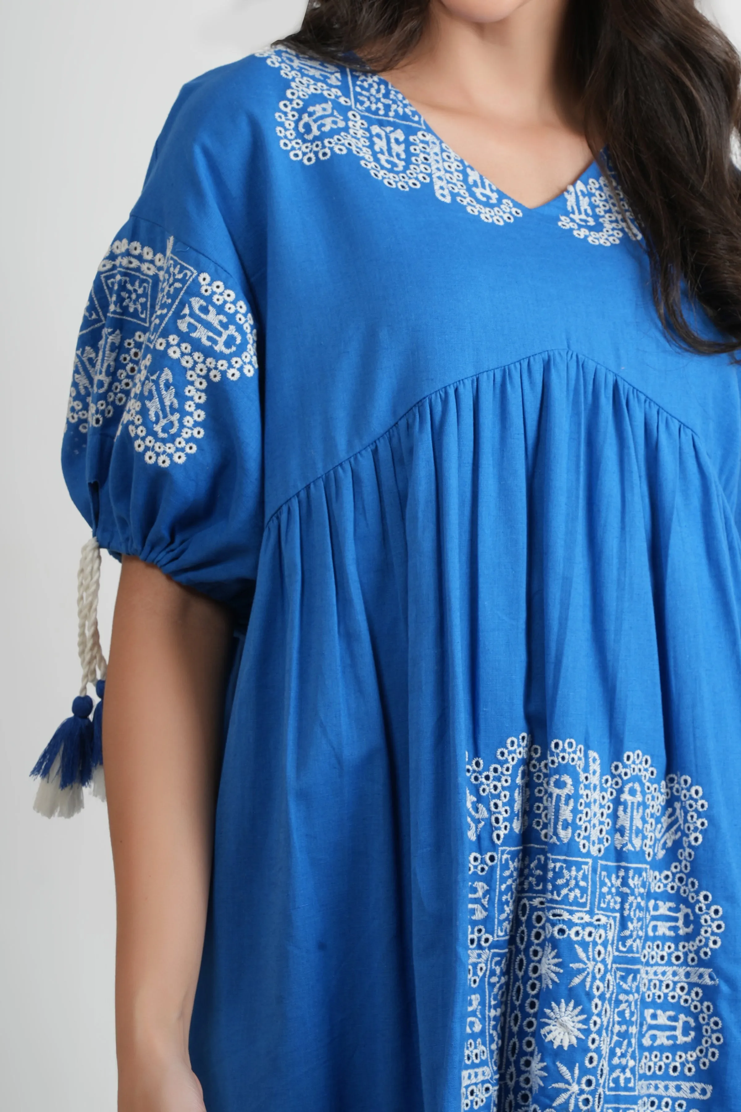 Blue Oversized Embroidered Short Dress