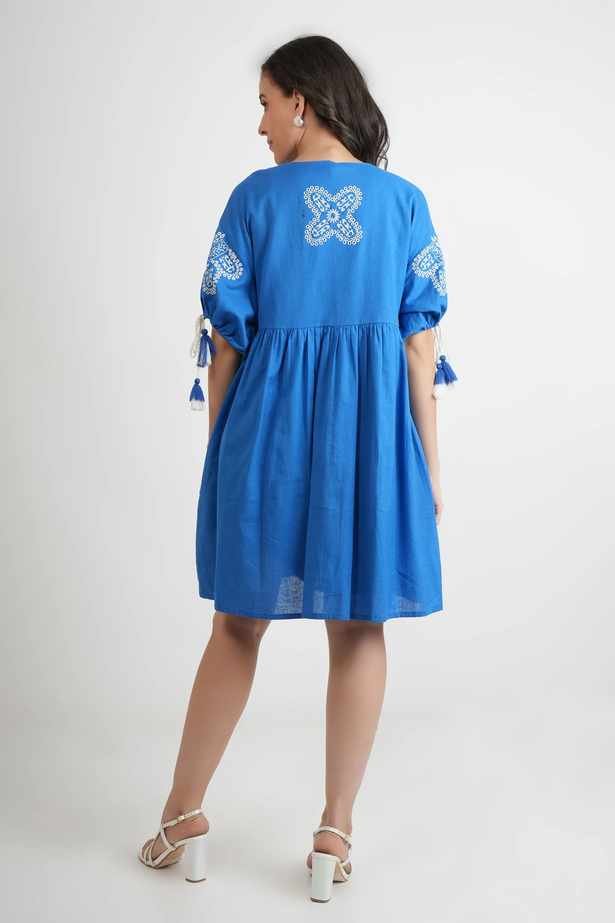Blue Oversized Embroidered Short Dress
