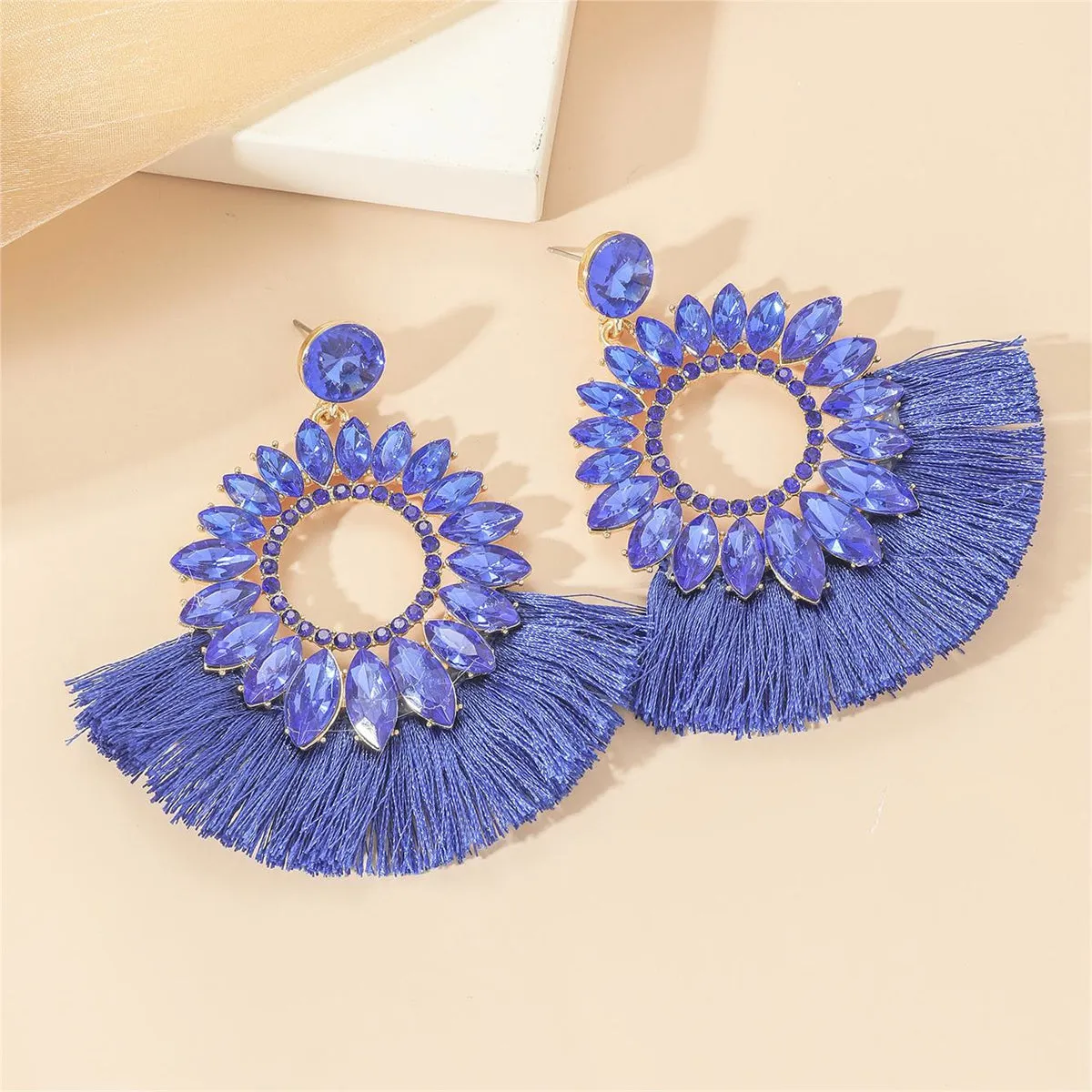 Blue Polyster & Cubic Zirconia Crystal Round Tassel Drop Earrings
