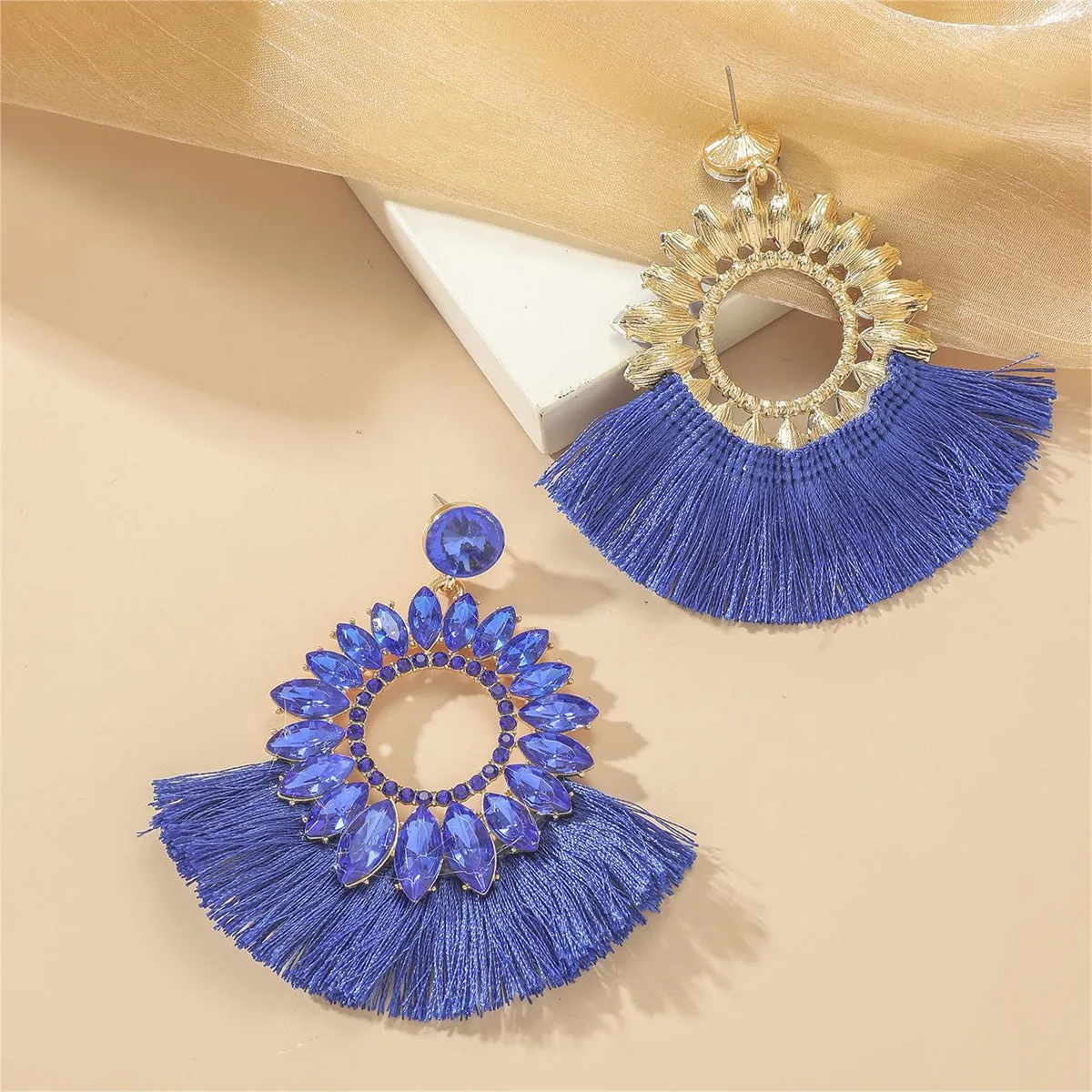Blue Polyster & Cubic Zirconia Crystal Round Tassel Drop Earrings