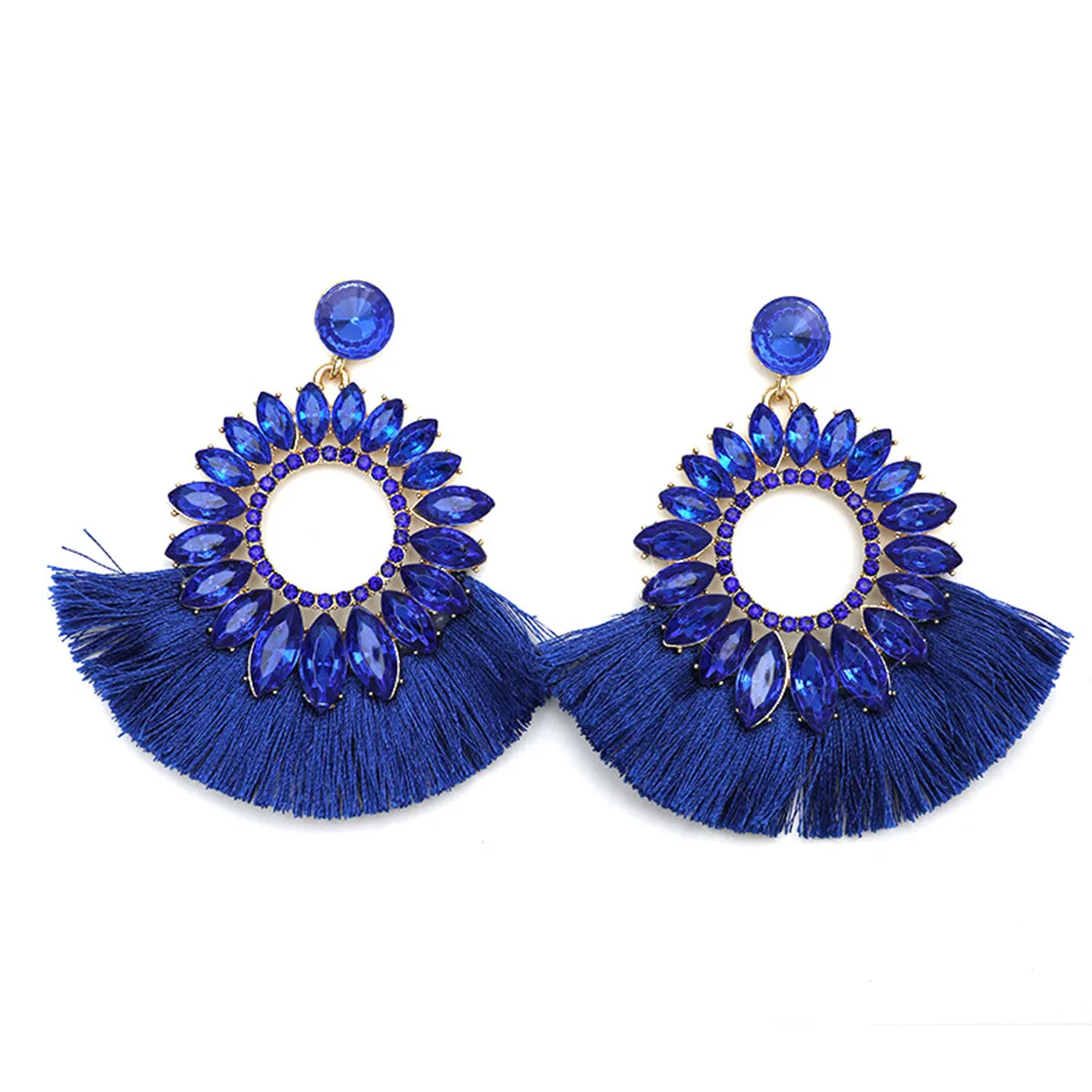 Blue Polyster & Cubic Zirconia Crystal Round Tassel Drop Earrings