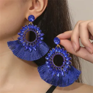 Blue Polyster & Cubic Zirconia Crystal Round Tassel Drop Earrings