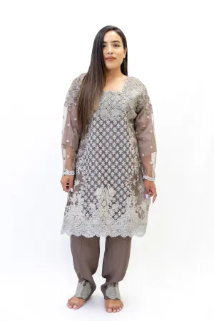 Brown Net Embroidered Salwar Kameez - Sobia Nazir Suit