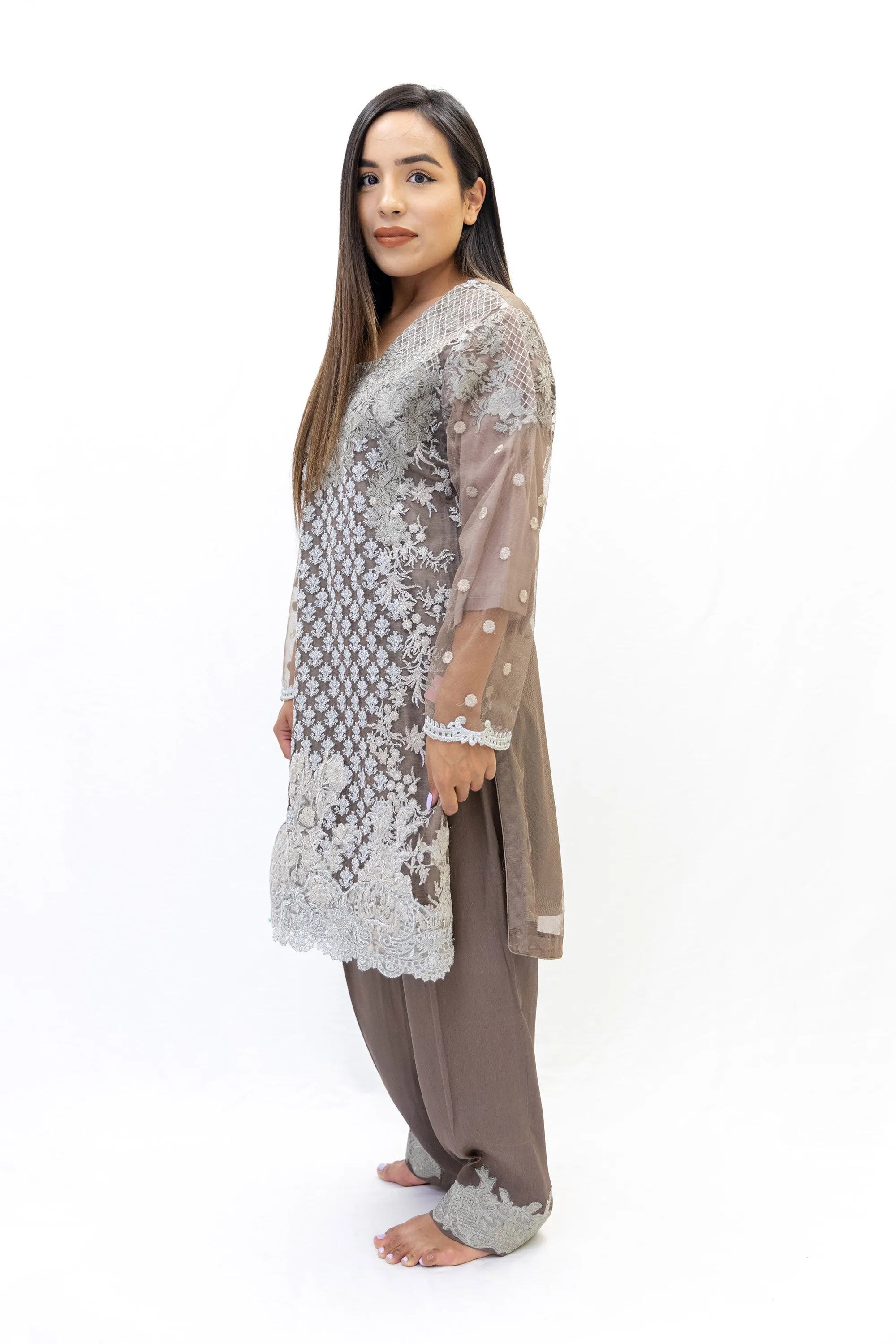 Brown Net Embroidered Salwar Kameez - Sobia Nazir Suit