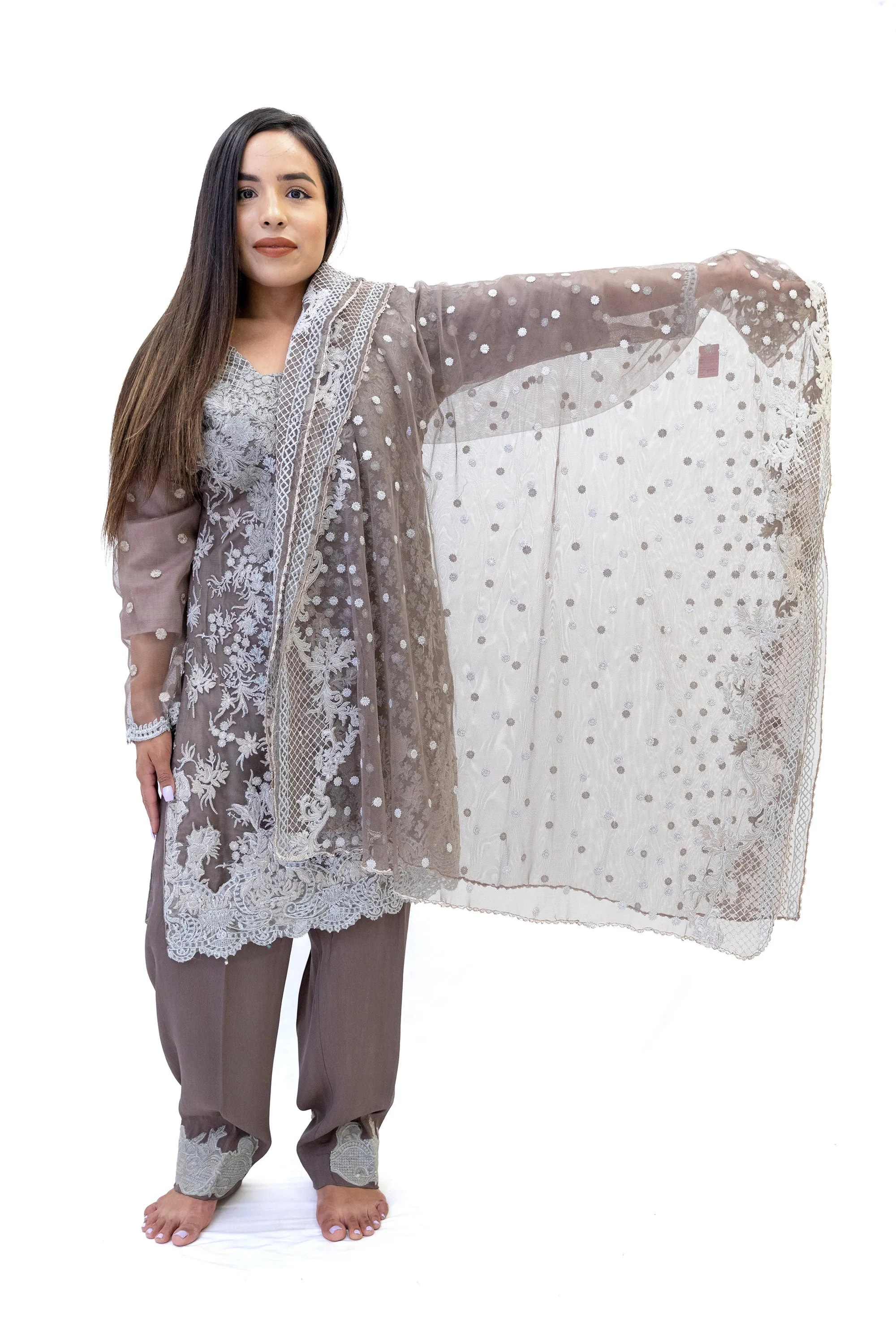 Brown Net Embroidered Salwar Kameez - Sobia Nazir Suit