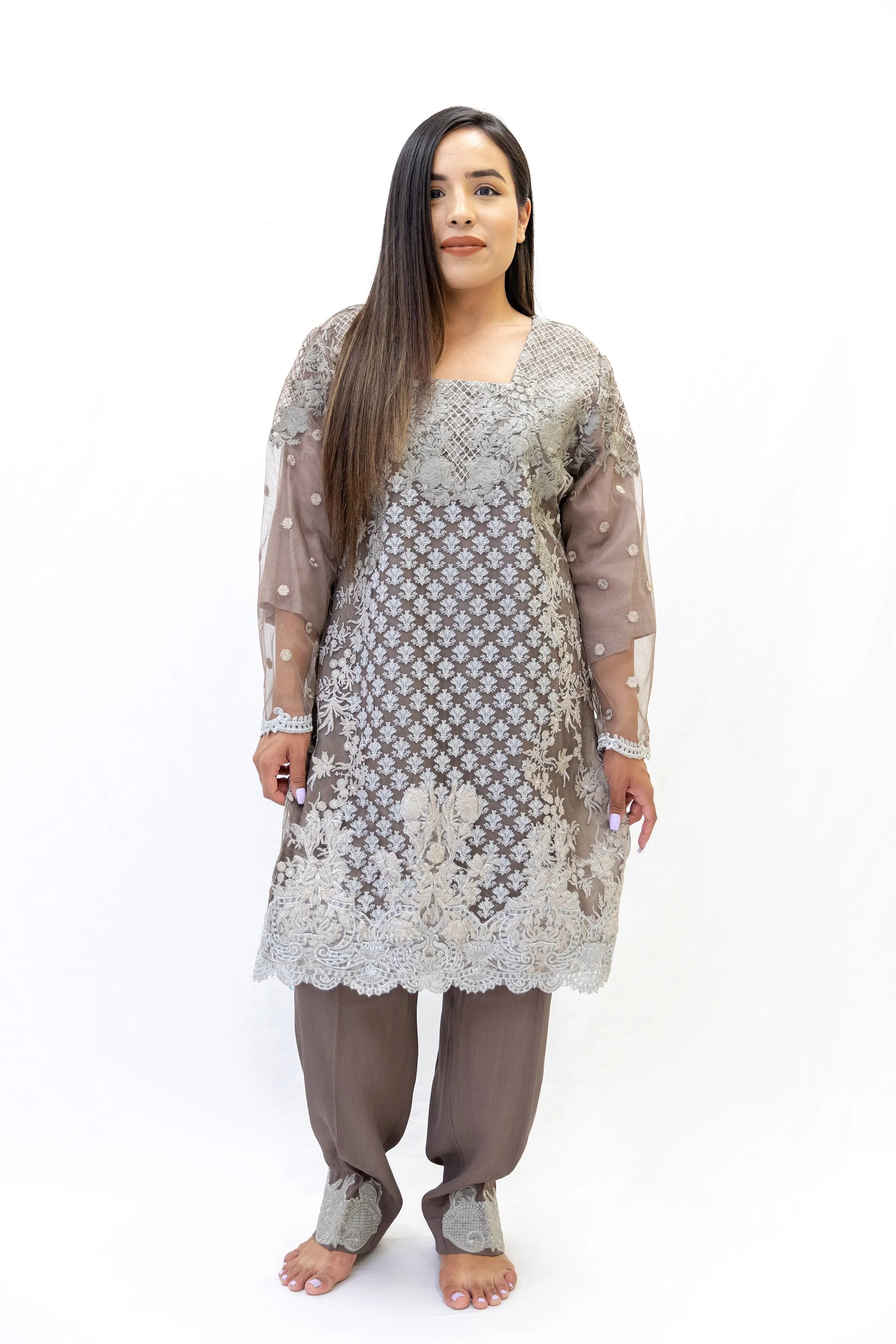 Brown Net Embroidered Salwar Kameez - Sobia Nazir Suit