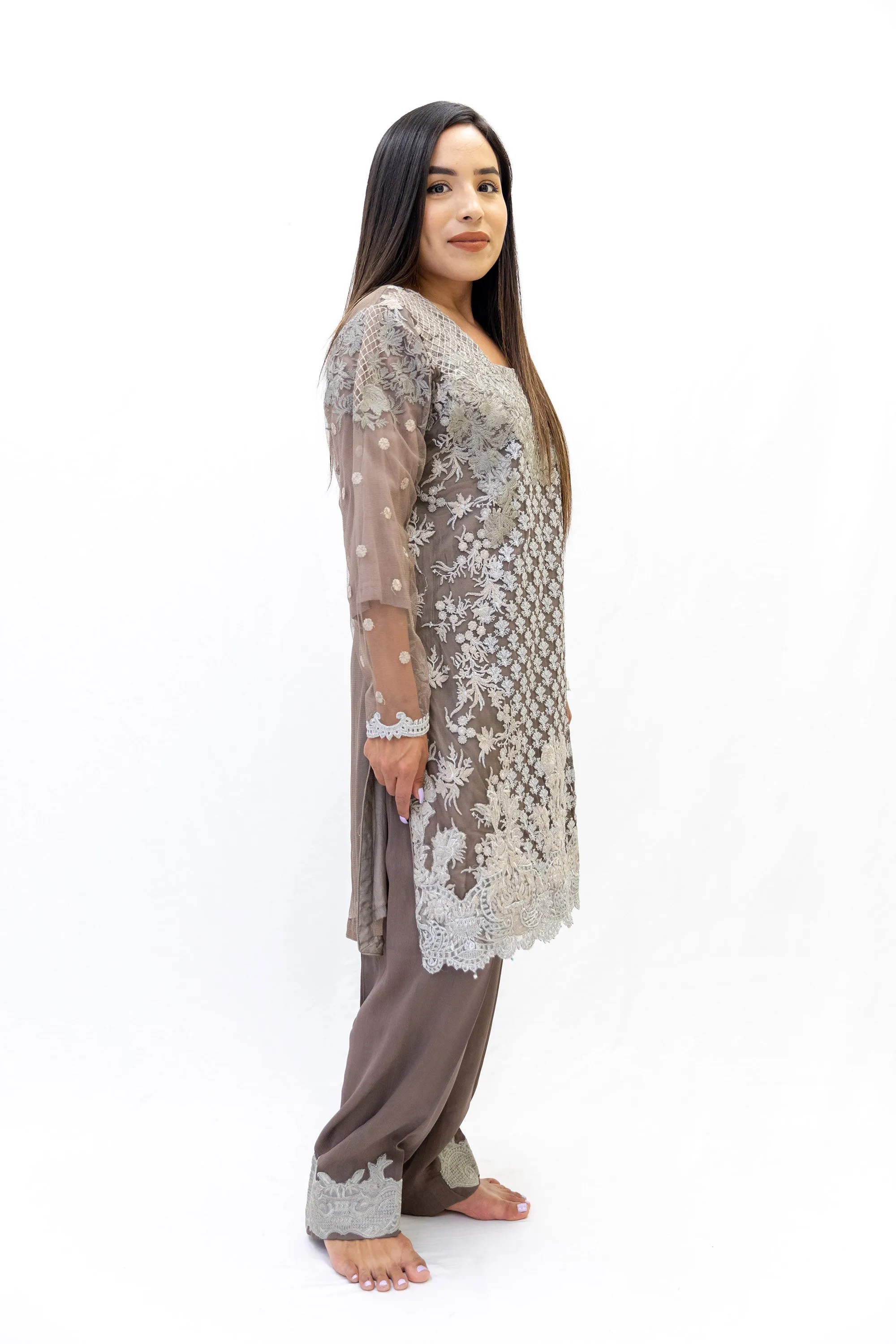 Brown Net Embroidered Salwar Kameez - Sobia Nazir Suit