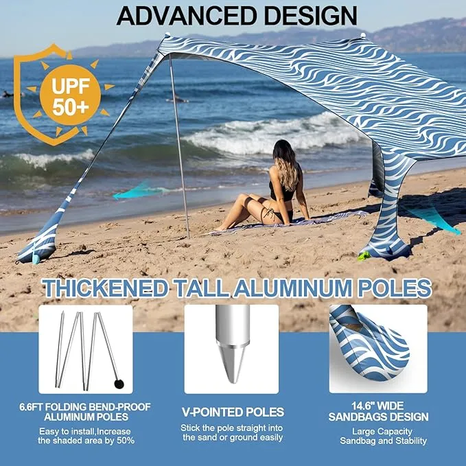 Buheco Beach Tent Pop Up Shade 10x10ft Beach Canopy Sun Shelter UPF50  with 4 Foldable Poles-Portable Carrying Bag-Sand Shovel-Ground Pegs-Windproof Ropes for Outdoor Family Camping-Fishing- Picnic